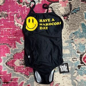 Hardcore Sport Black Yellow Smiley Face Cali Back Swimsuit Size 36 NWT 🙂